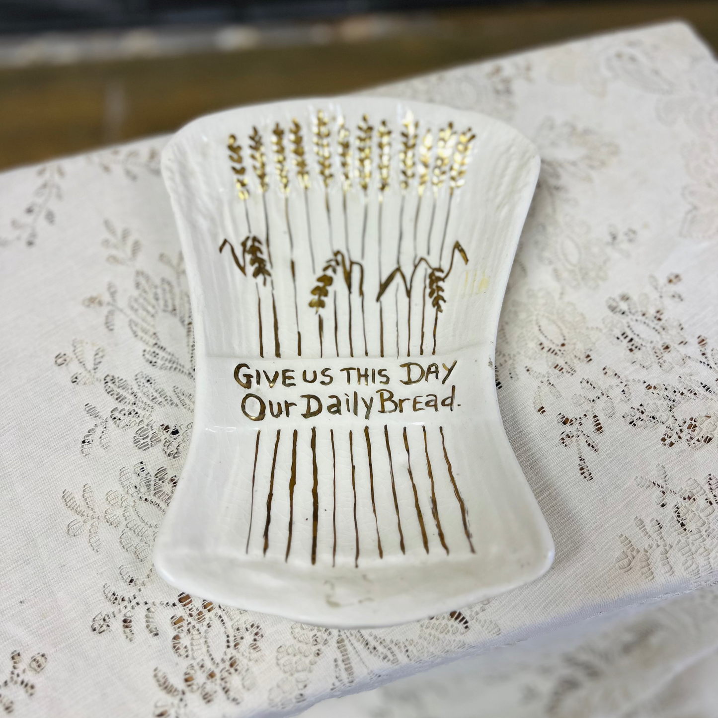 White Ceramic "Give Us This Day Our Daily Bread" Tray