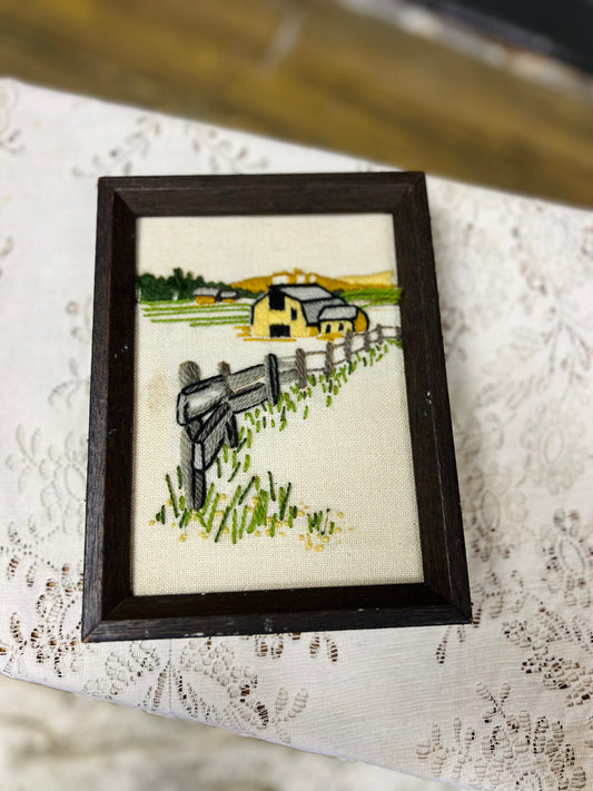 Vintage Embroidered Pasture Fence Framed Design