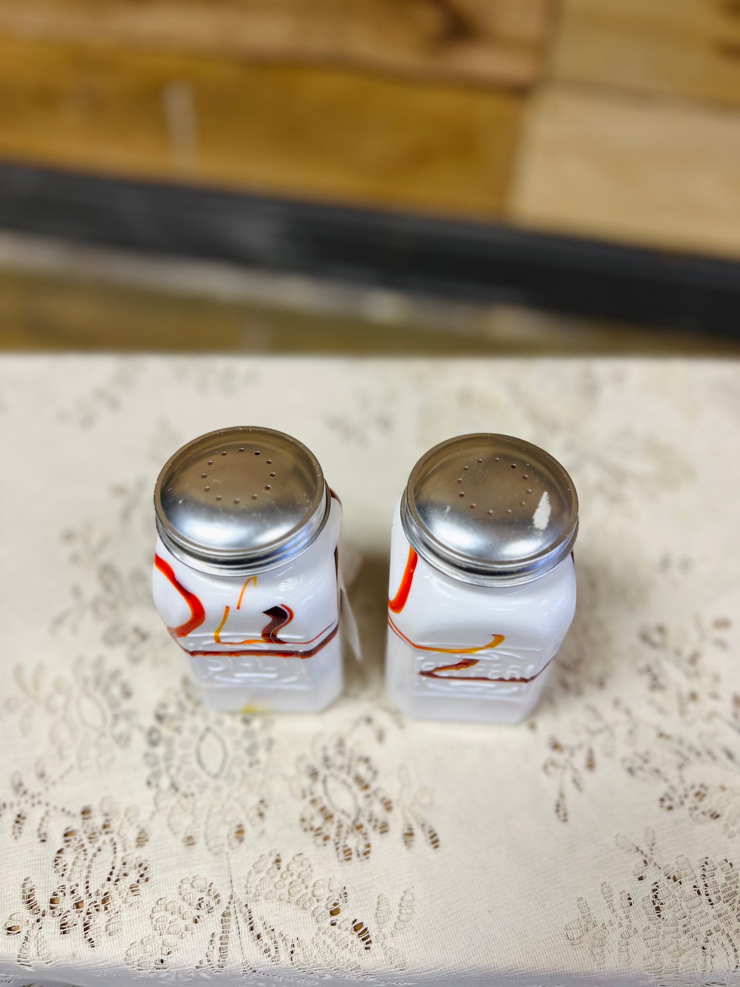 Glass Slag Red/Orange Swirl Salt & Pepper Shakers