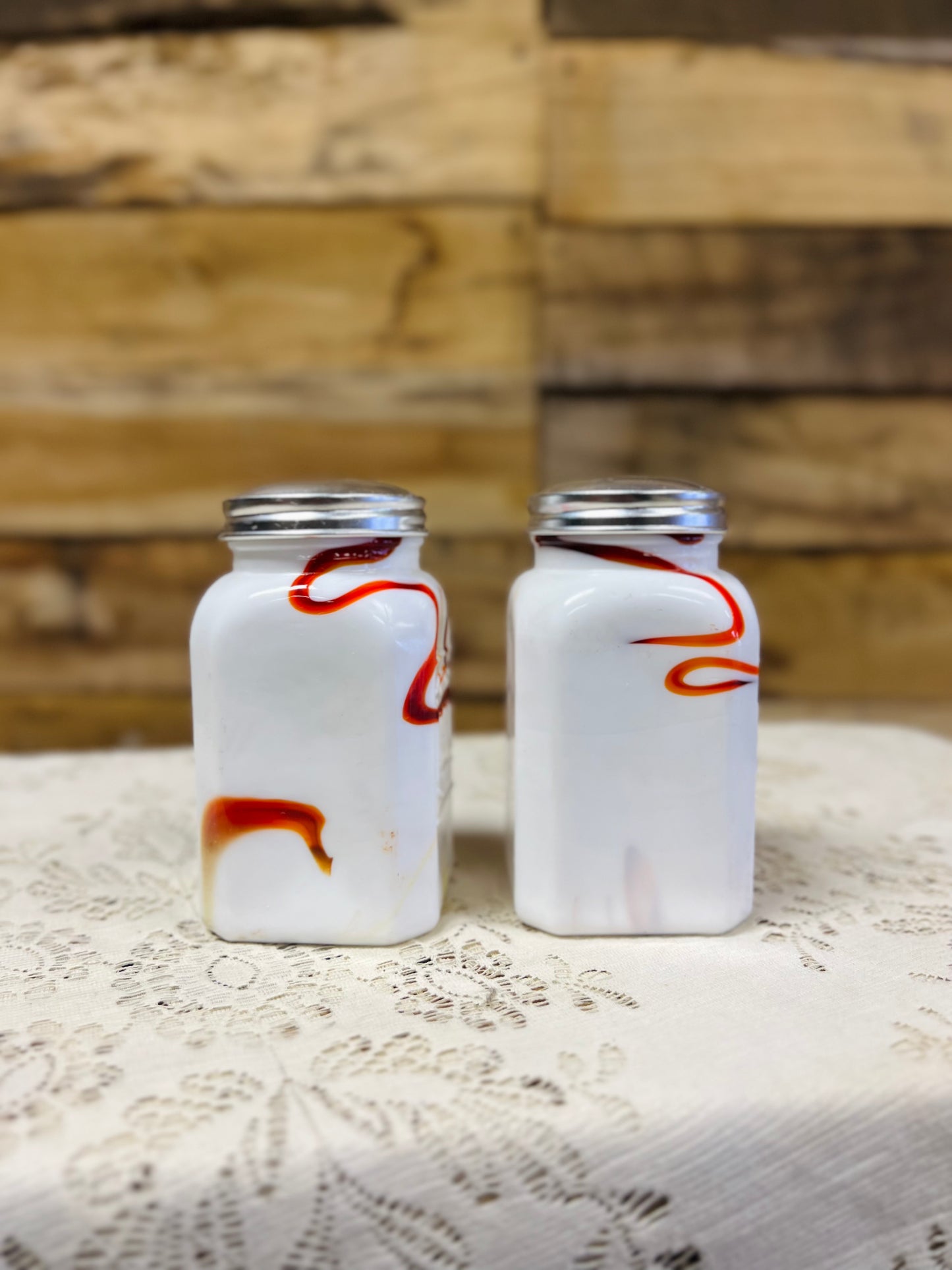 Glass Slag Red/Orange Swirl Salt & Pepper Shakers