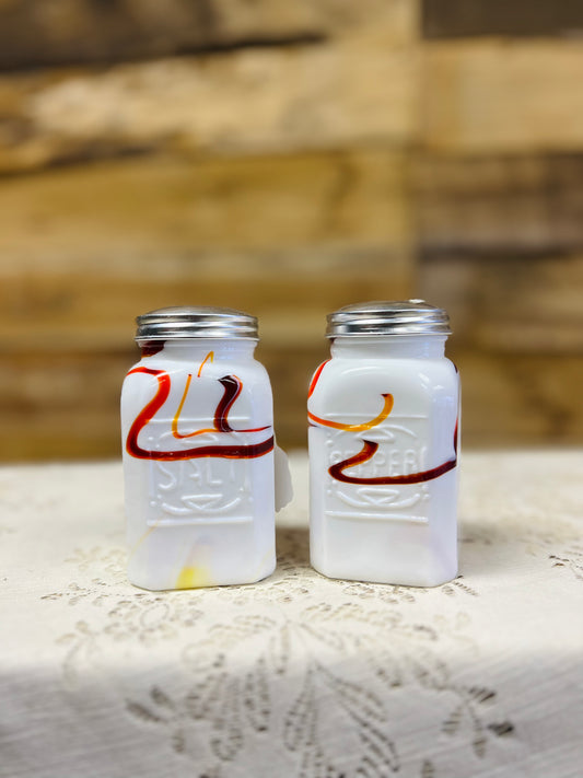 Glass Slag Red/Orange Swirl Salt & Pepper Shakers