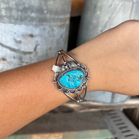 Genuine Kingman Turquoise and Feather Statement Cuff