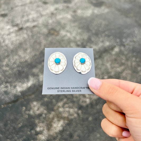 Genuine Turquoise Sterling Silver Oval Concho Earrings