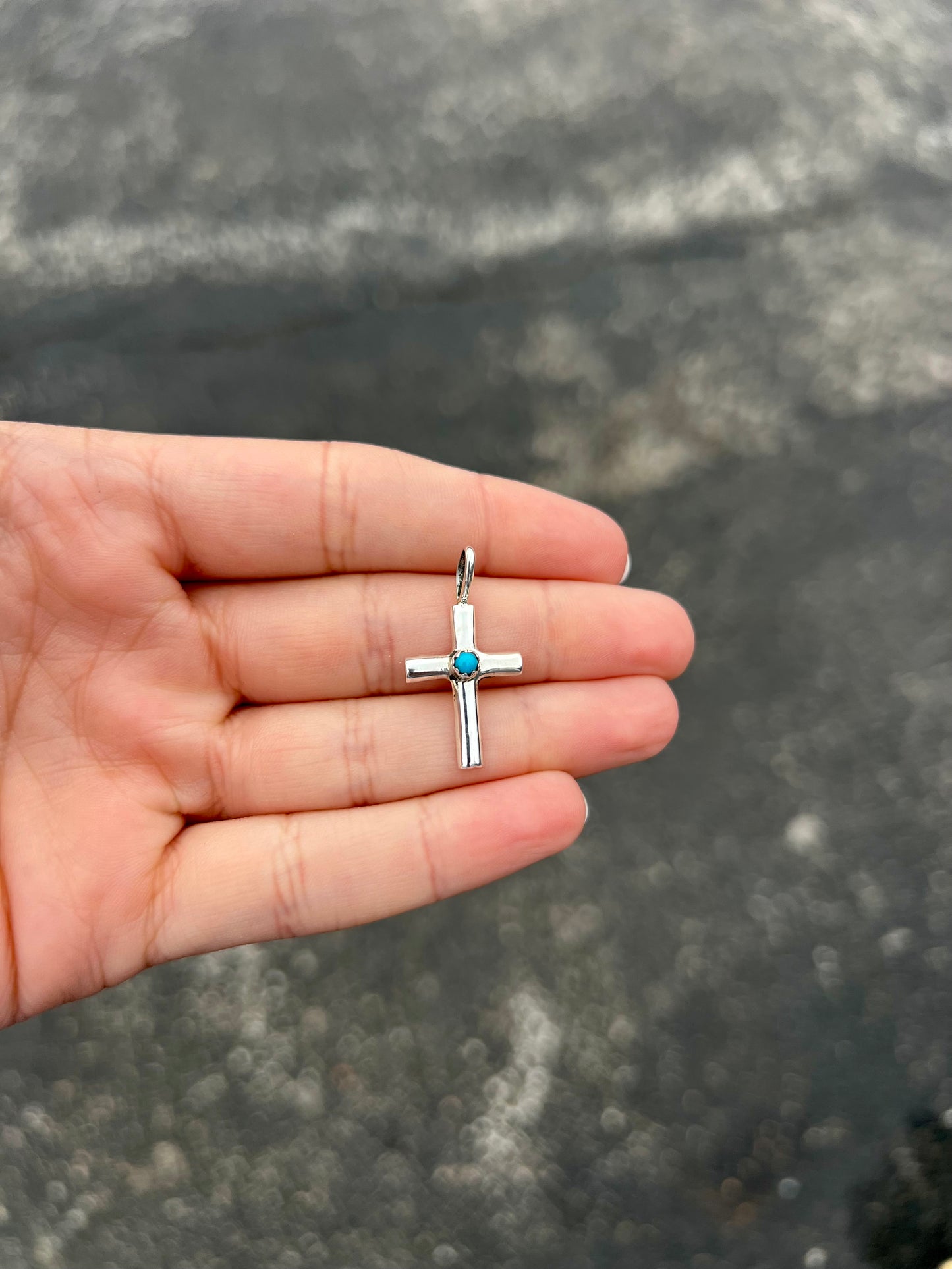 Genuine Turquoise Smooth Sterling Silver Cross Pendant