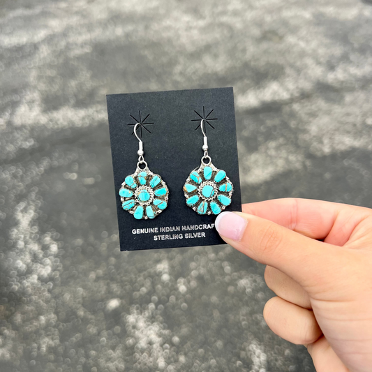 Dangle Cluster Genuine Kingman Turquoise 10 Stone Sterling Silver Earrings