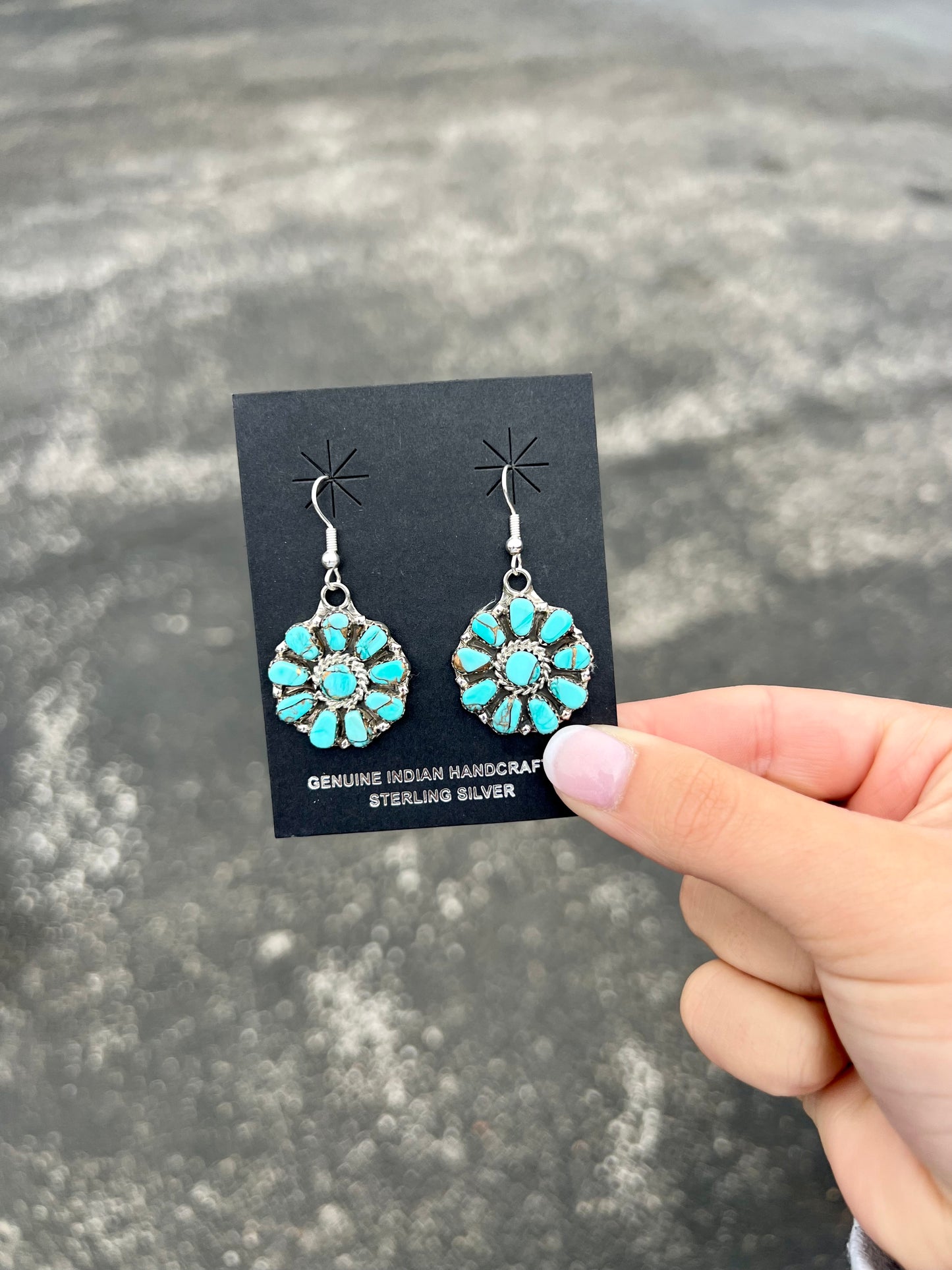 Dangle Cluster Genuine Kingman Turquoise 10 Stone Sterling Silver Earrings