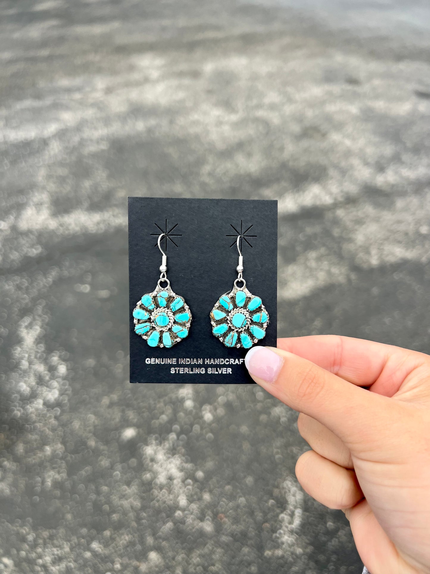 Dangle Cluster Genuine Kingman Turquoise 10 Stone Sterling Silver Earrings