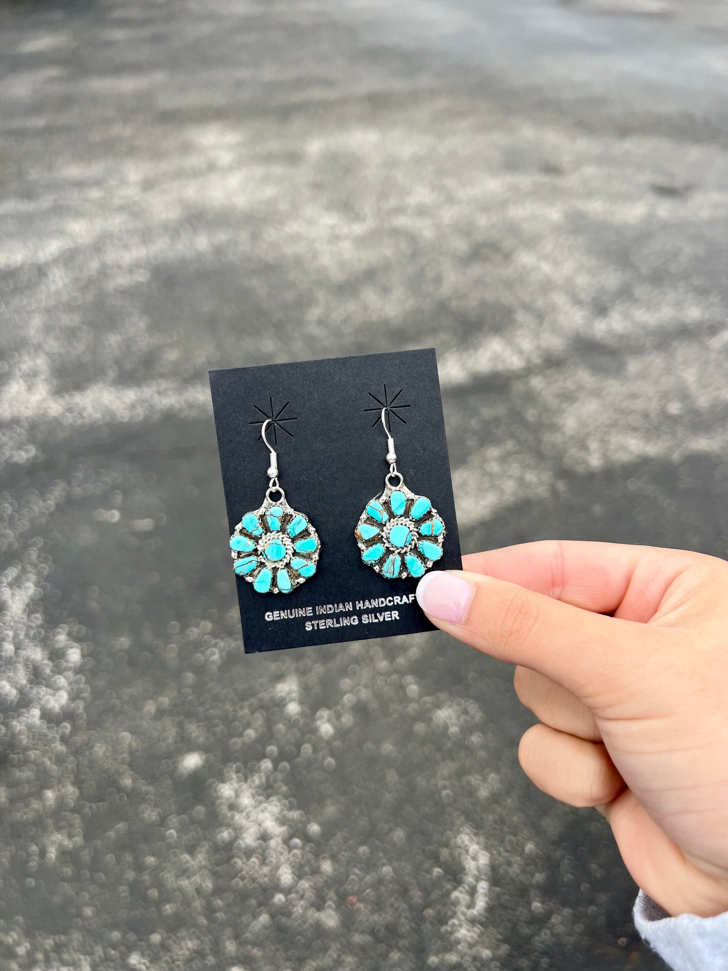 Dangle Cluster Genuine Kingman Turquoise 10 Stone Sterling Silver Earrings