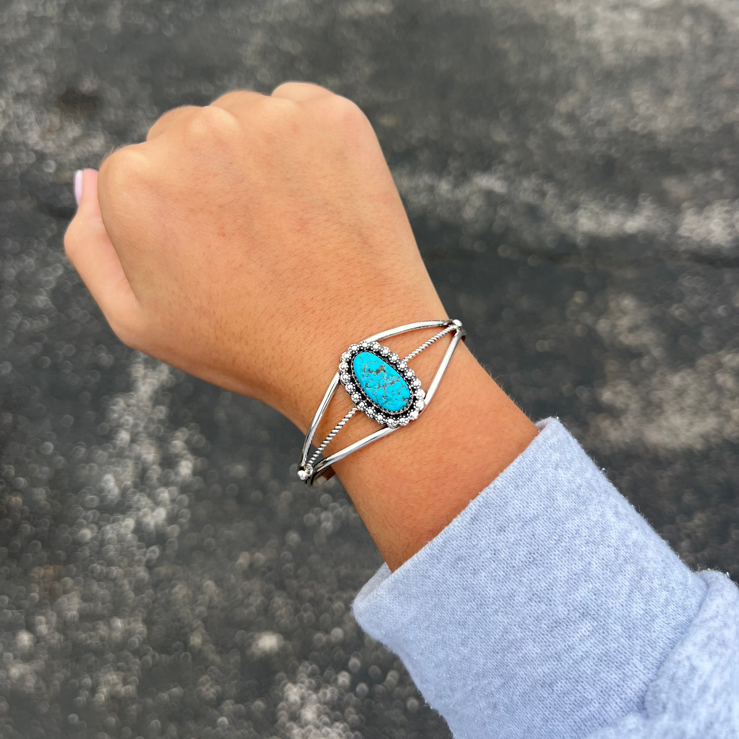 Genuine Kingman Turquoise Berry Border Sterling Silver Cuff Bracelet