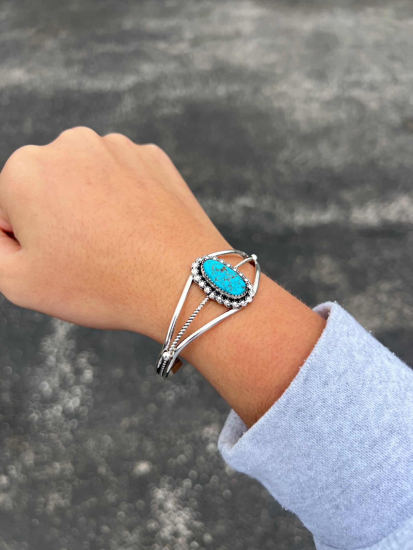 Genuine Kingman Turquoise Berry Border Sterling Silver Cuff Bracelet