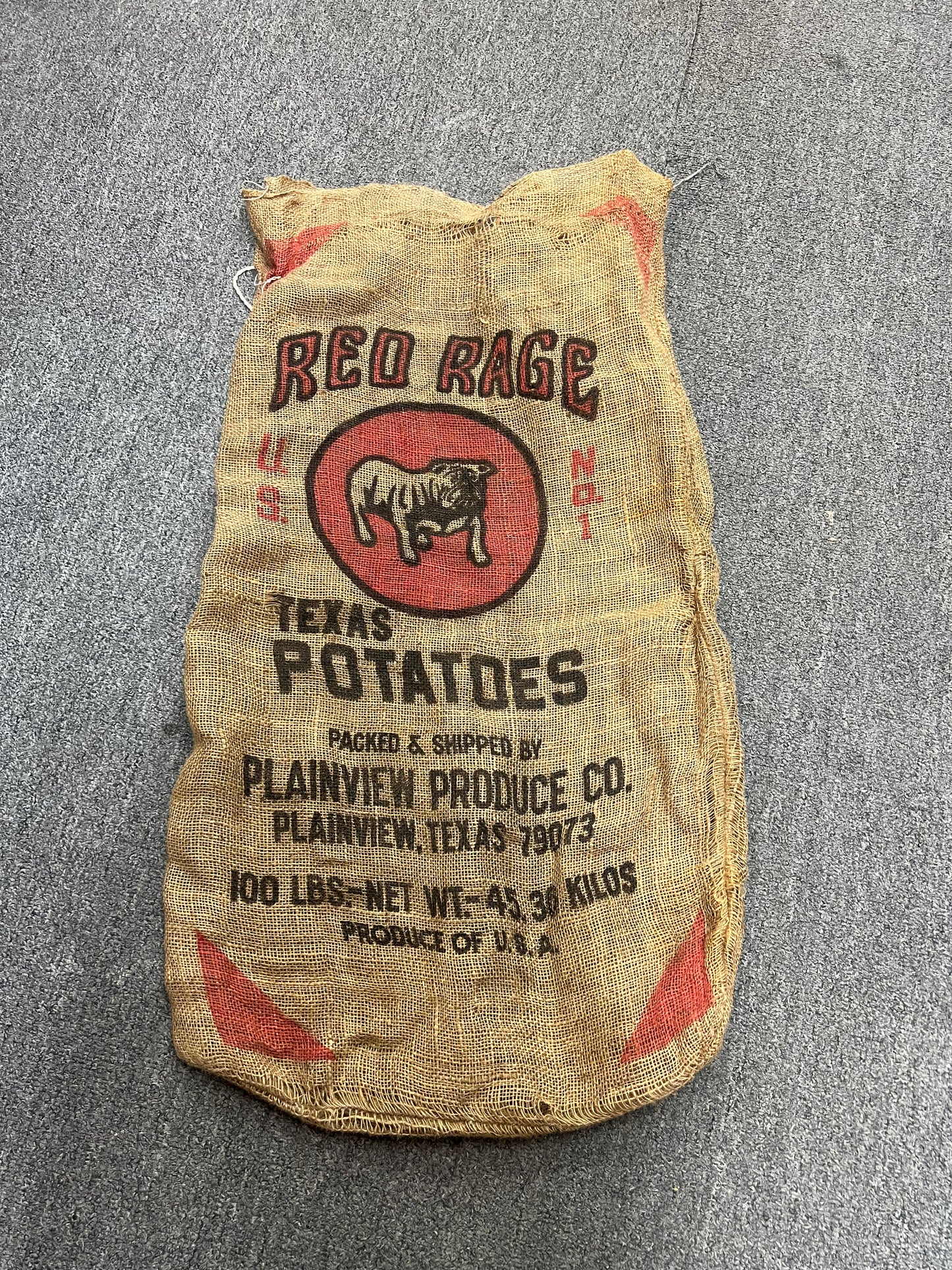 Vintage Red Rage Texas Potatoes Burlap Sack