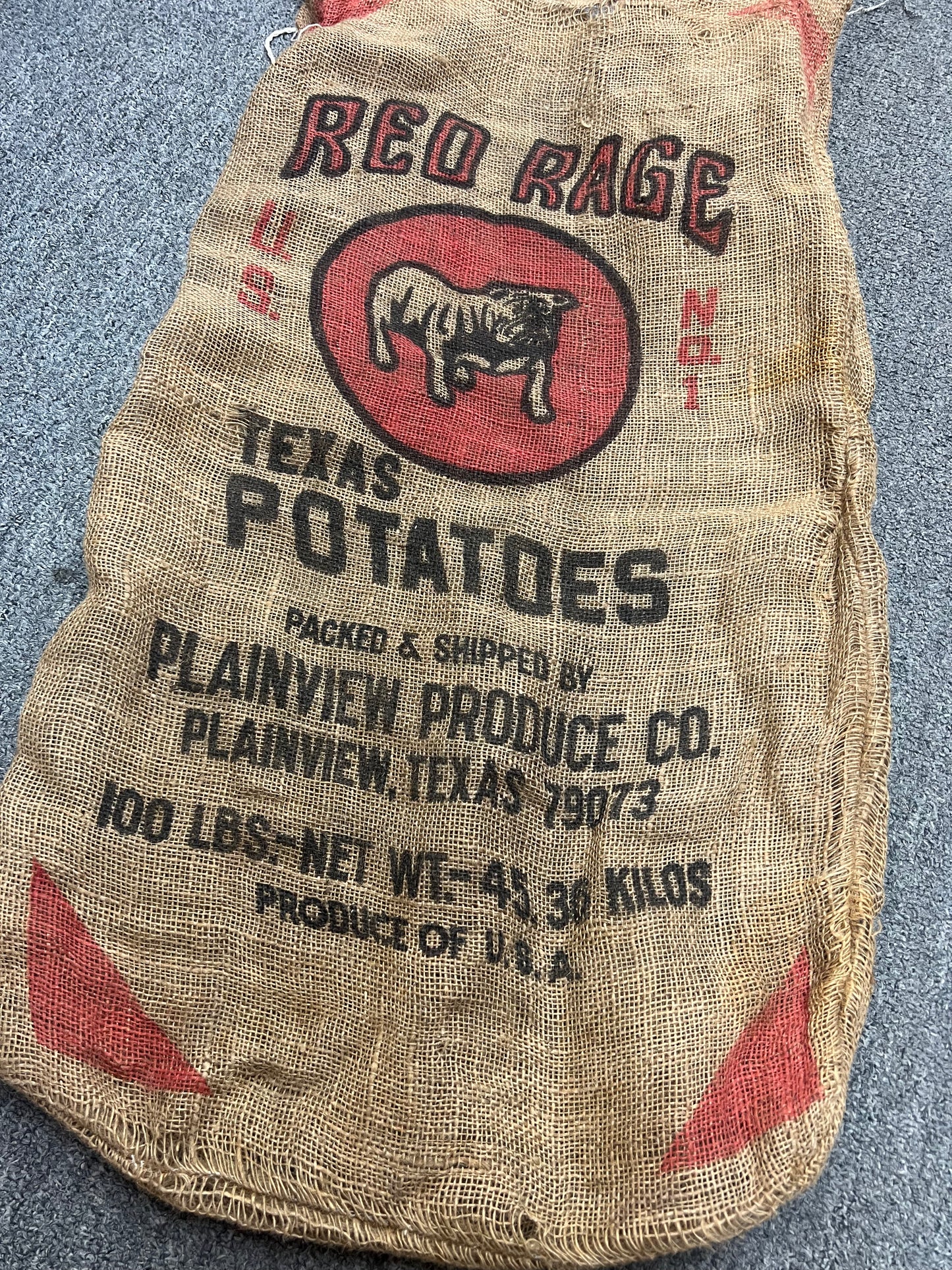 Vintage Red Rage Texas Potatoes Burlap Sack