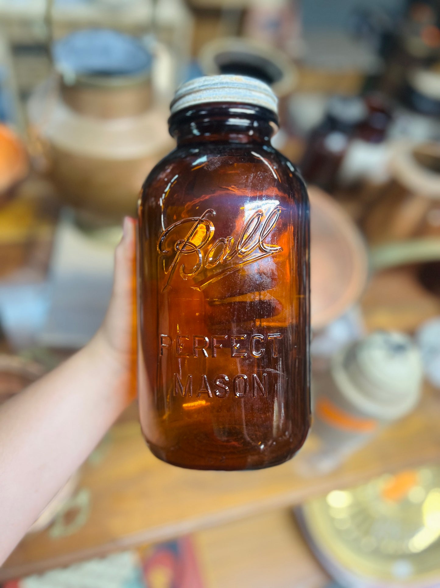 Vintage Amber Ball Perfect Mason Jar with Zinc Lid