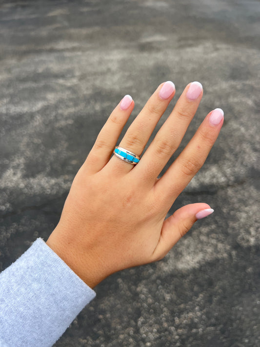 Genuine Turquoise Sterling Silver Divider Band Ring - Ladies