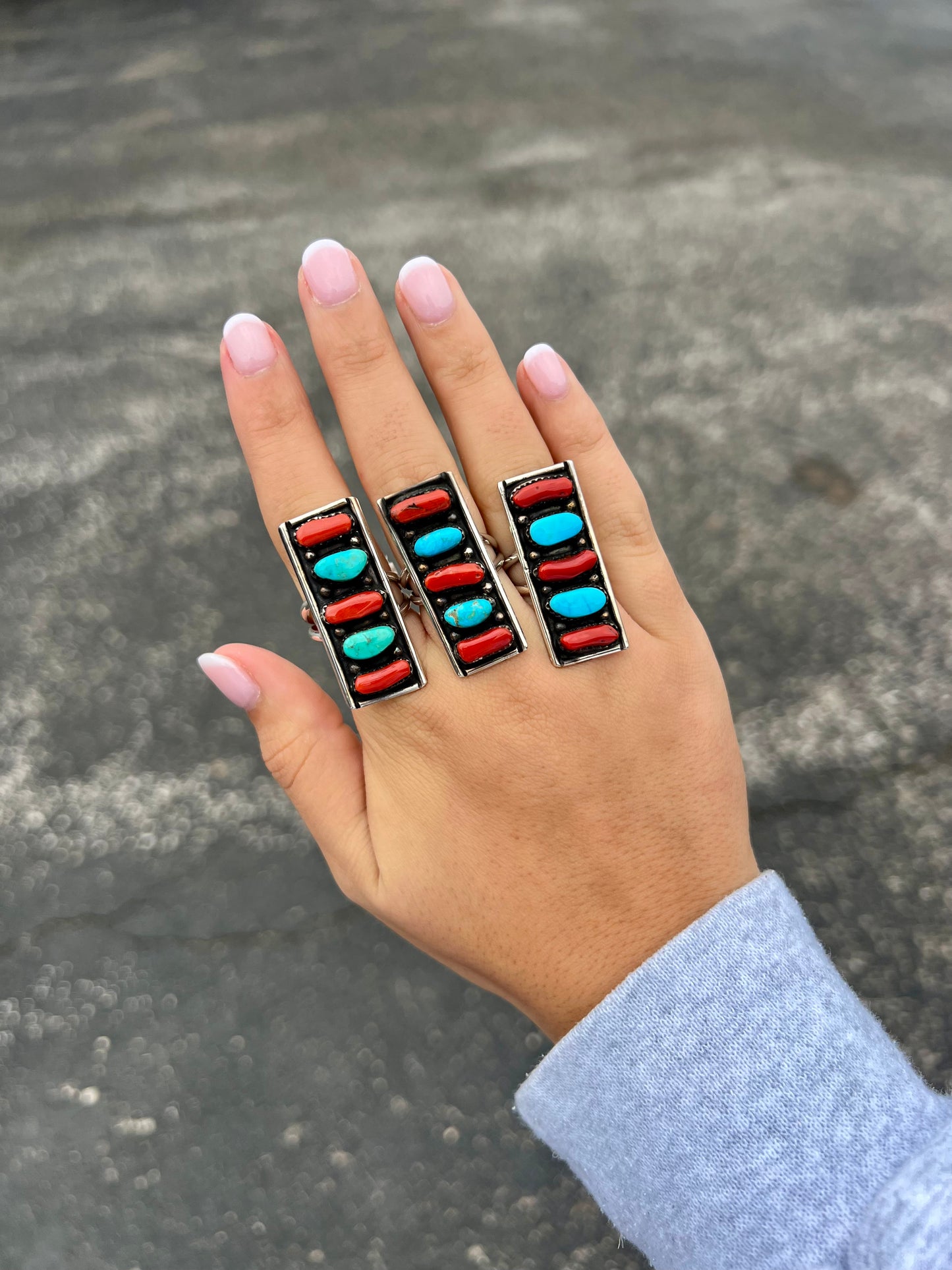 Turquoise & Coral 5 Stone Sterling Silver Bar Ring
