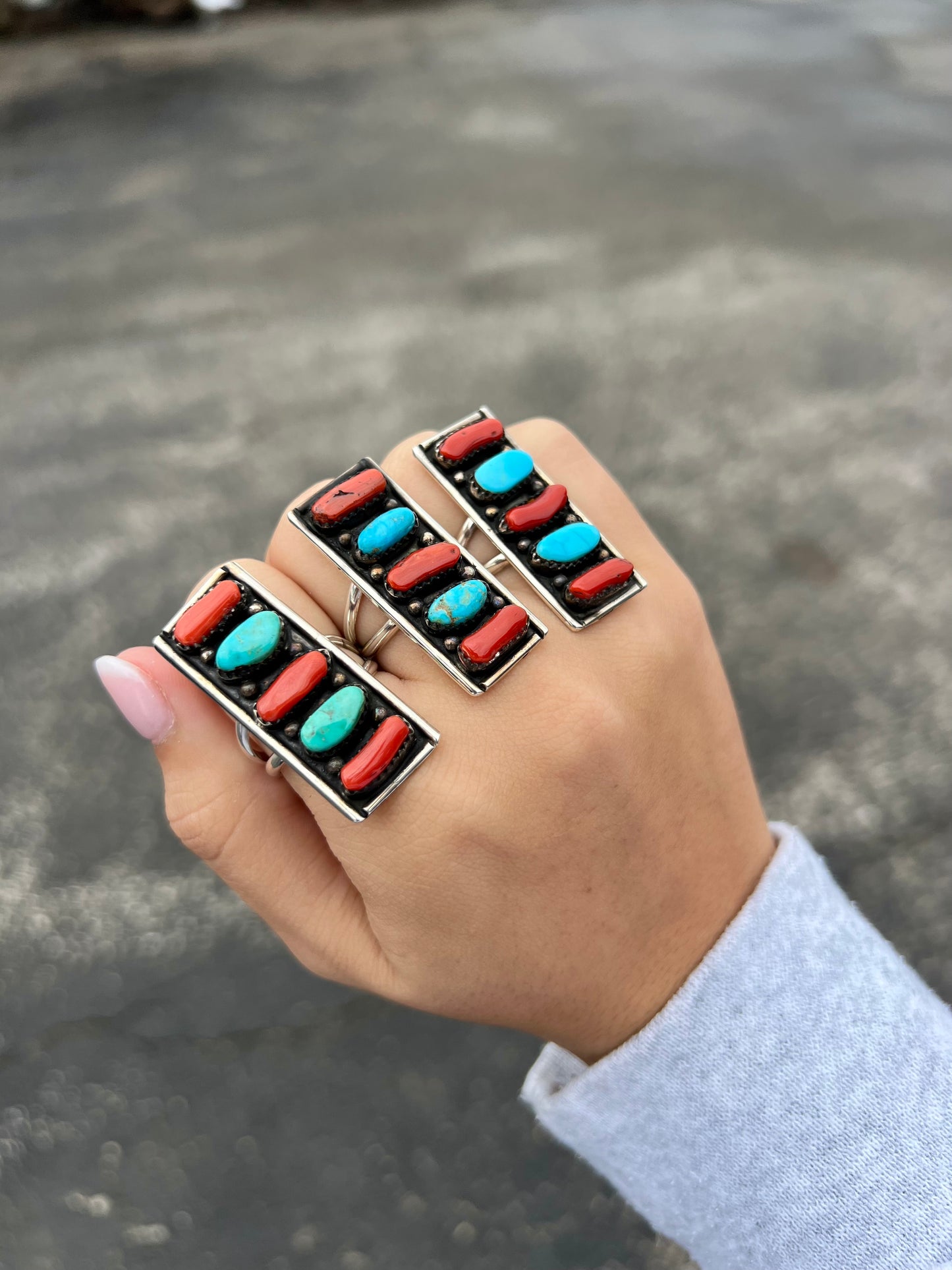 Turquoise & Coral 5 Stone Sterling Silver Bar Ring