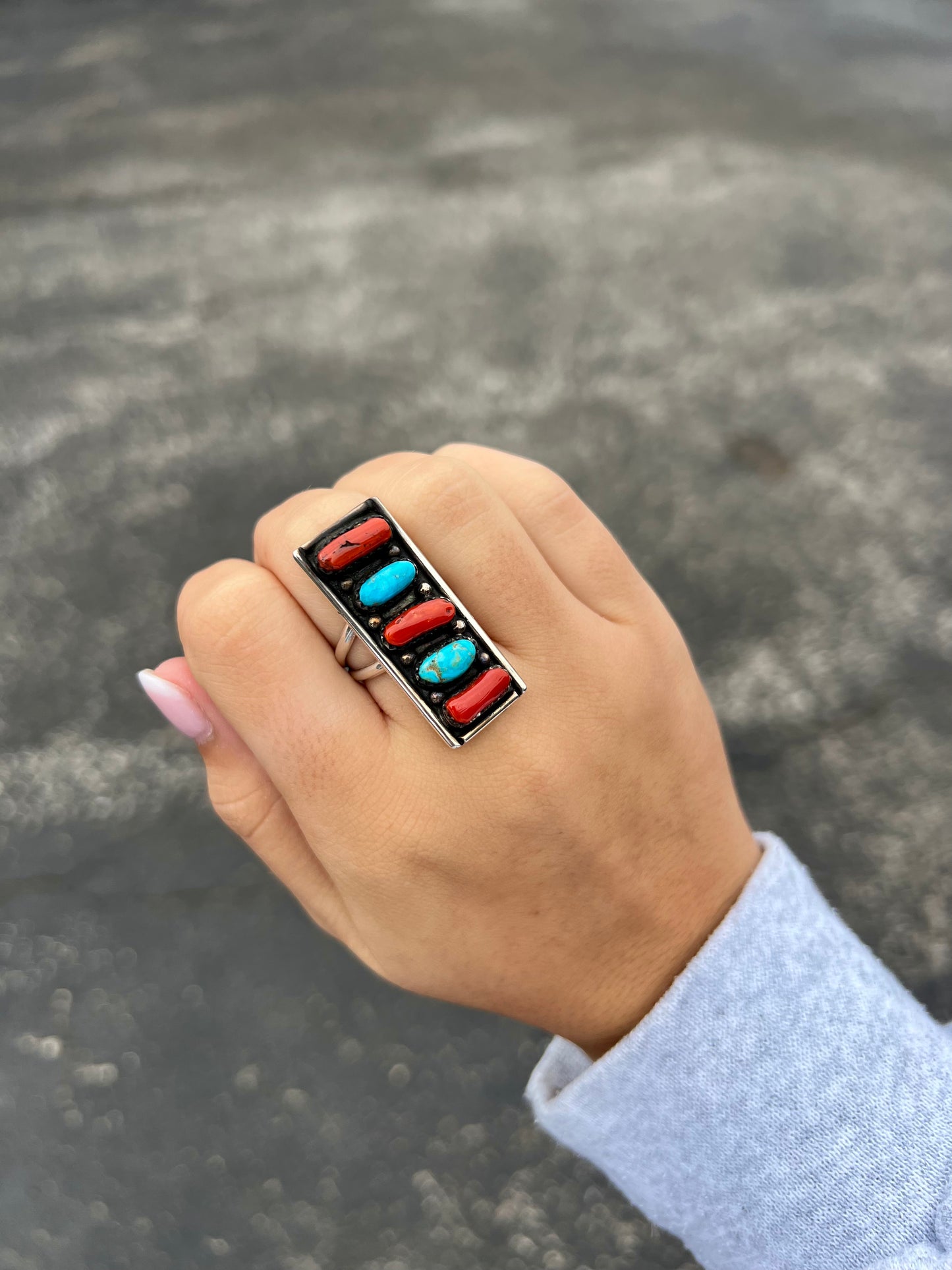 Turquoise & Coral 5 Stone Sterling Silver Bar Ring