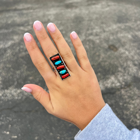Turquoise & Coral 5 Stone Sterling Silver Bar Ring