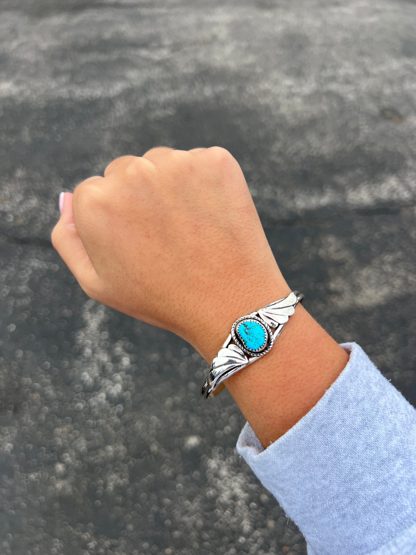 Genuine Sleeping Beauty Turquoise Sterling Silver Fan Cuff Bracelet