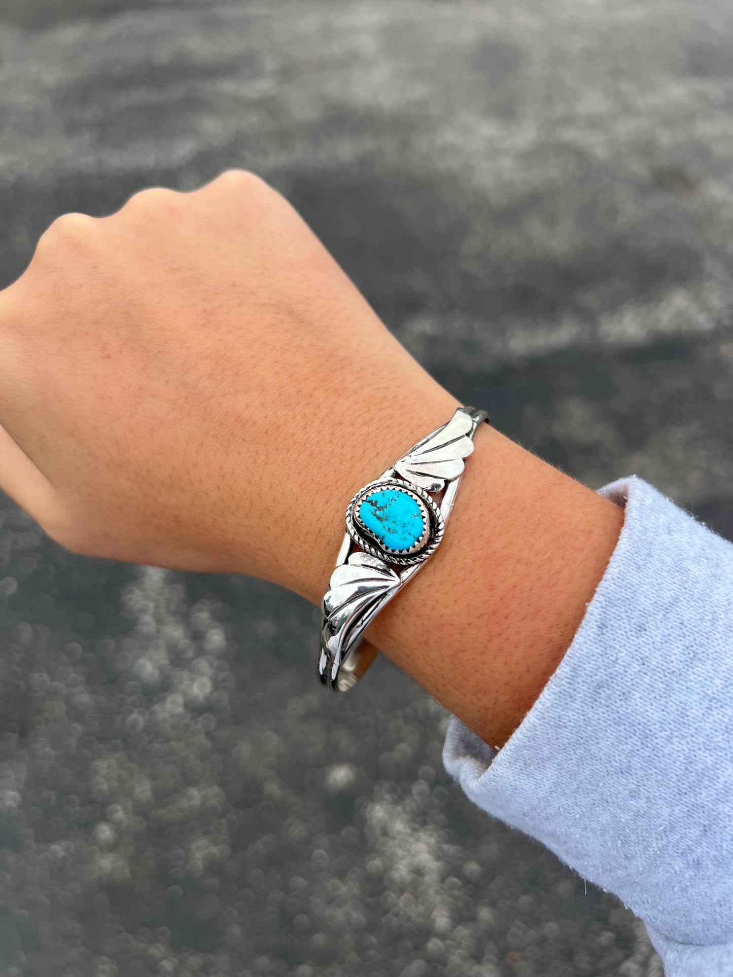 Genuine Sleeping Beauty Turquoise Sterling Silver Fan Cuff Bracelet