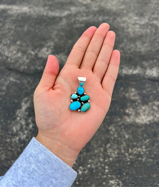 5 Stone Genuine Turquoise Assorted Cluster Sterling Silver Pendant