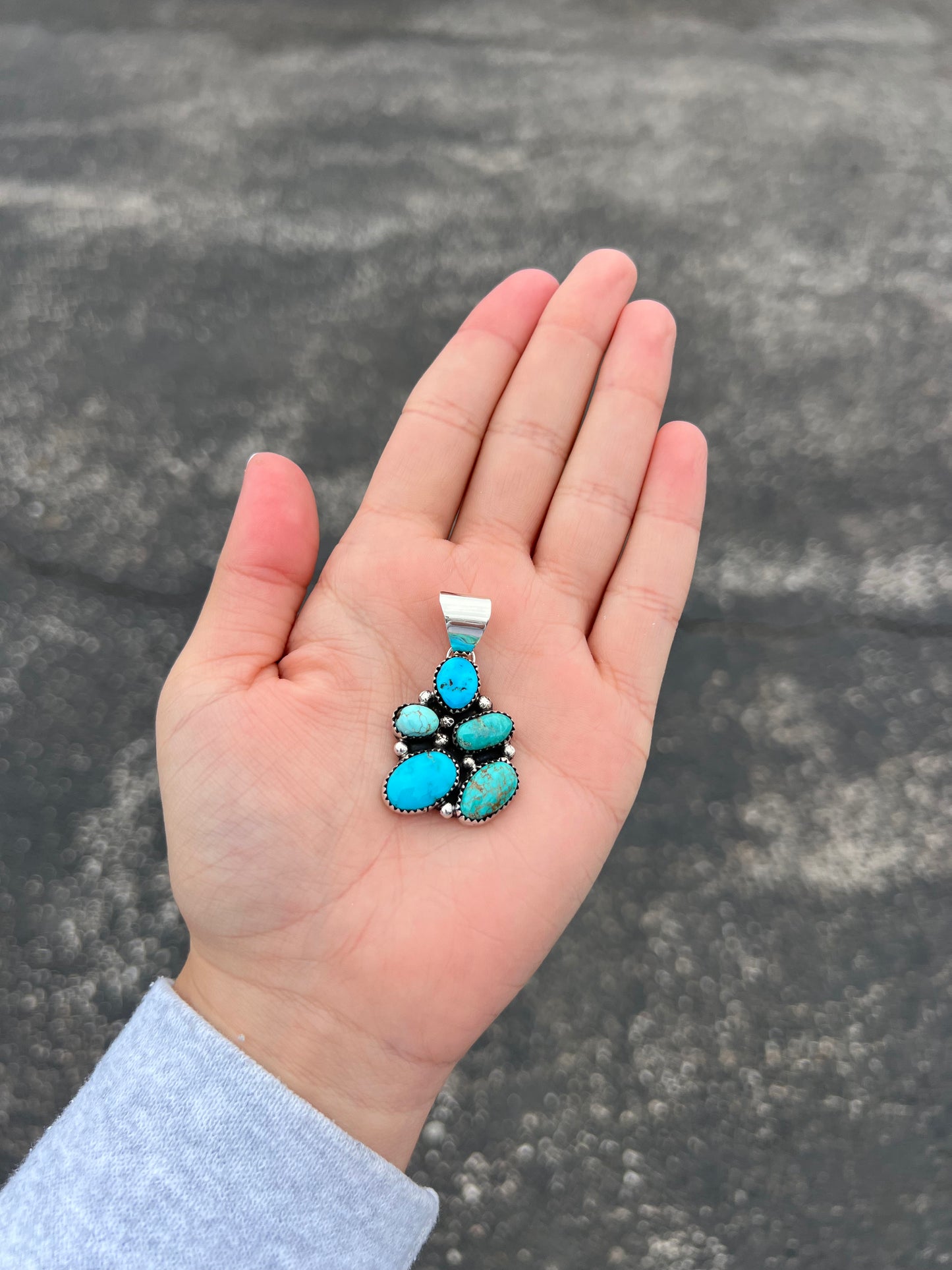 5 Stone Genuine Turquoise Assorted Cluster Sterling Silver Pendant