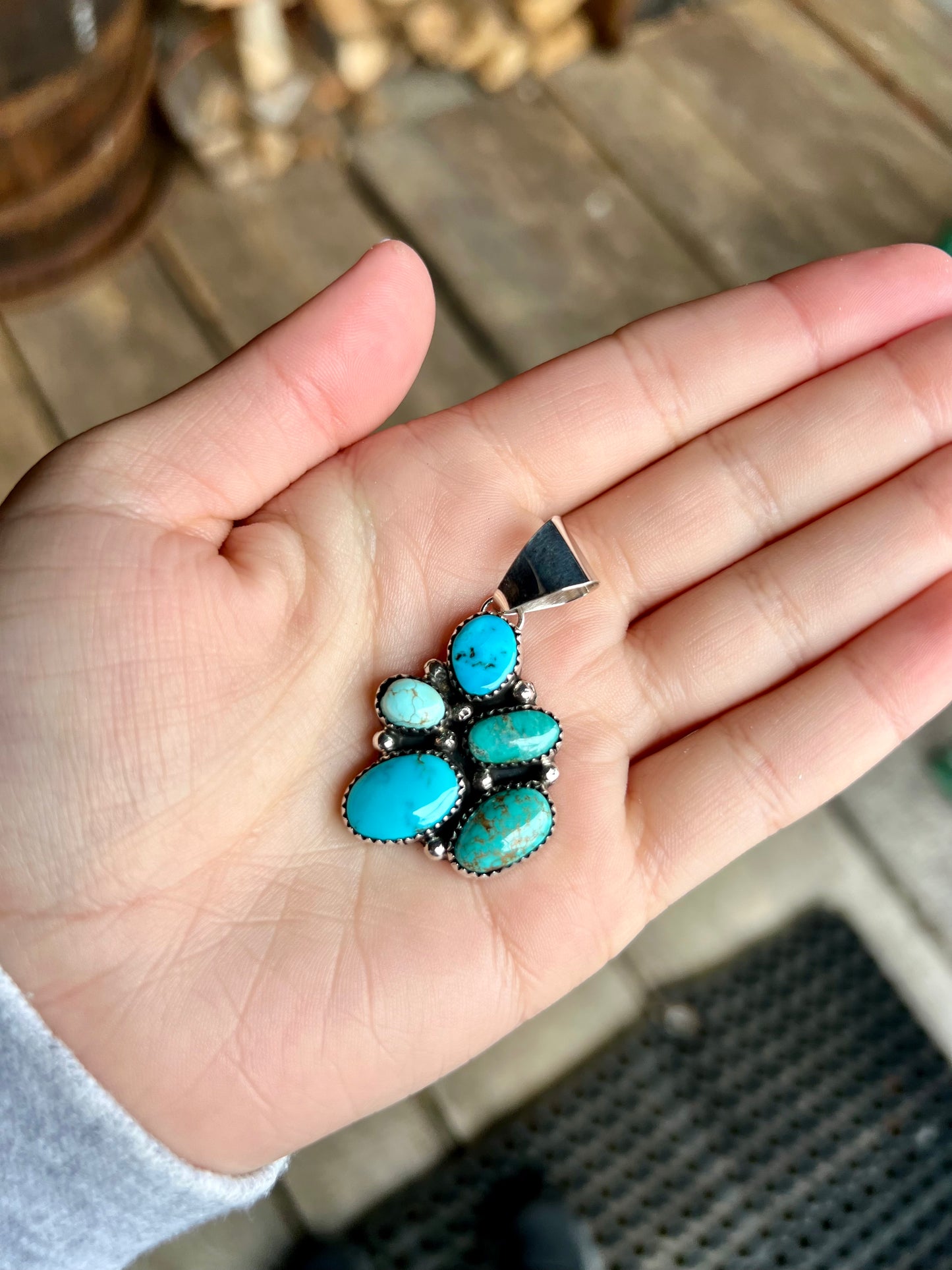 5 Stone Genuine Turquoise Assorted Cluster Sterling Silver Pendant