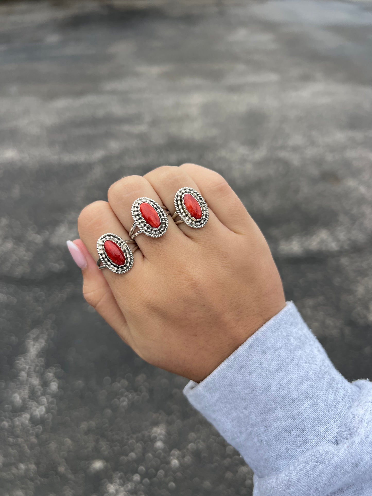 Genuine Red Spiny Oyster Oval Beaded Sterling Silver Ring