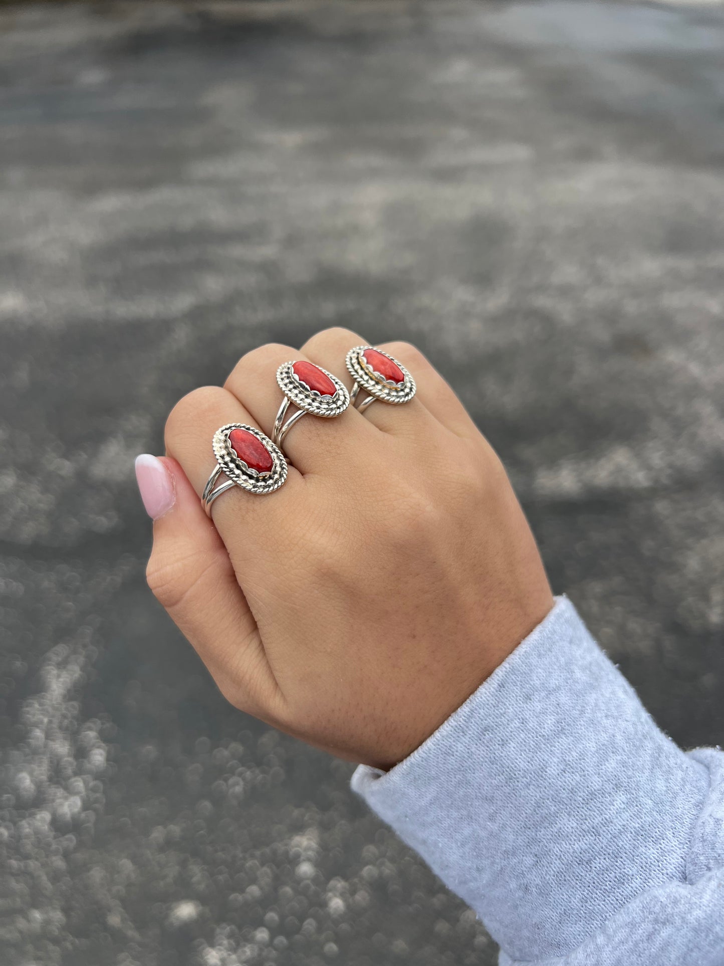 Genuine Red Spiny Oyster Oval Beaded Sterling Silver Ring