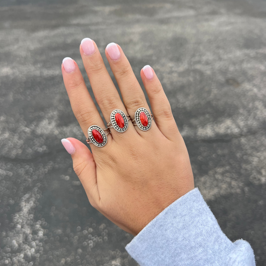 Genuine Red Spiny Oyster Oval Beaded Sterling Silver Ring