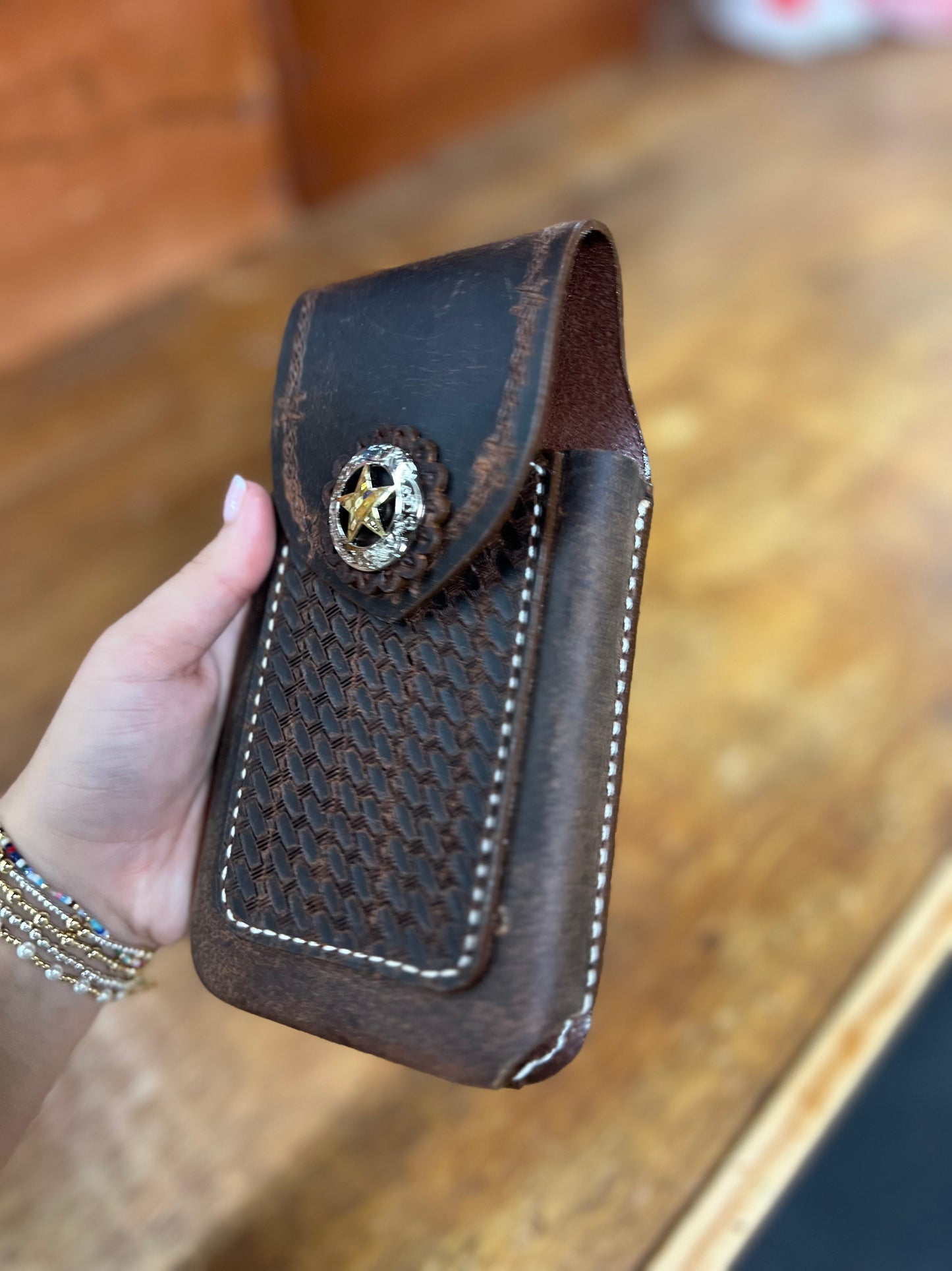 Genuine Leather Tooled Phone Case with Star - Local Amish Made