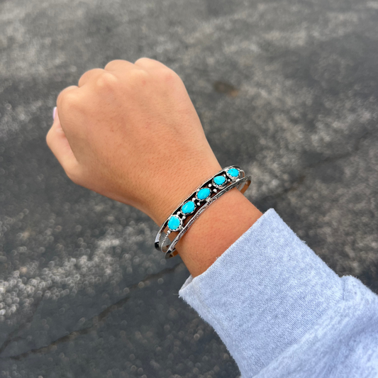 5 Stone Kingman Turquoise Sterling Silver Cuff Bracelet