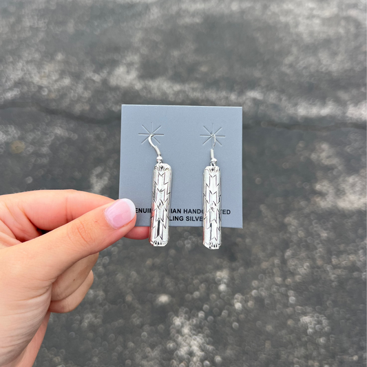 Aztec Stamped Sterling Silver Long Dangle Earrings