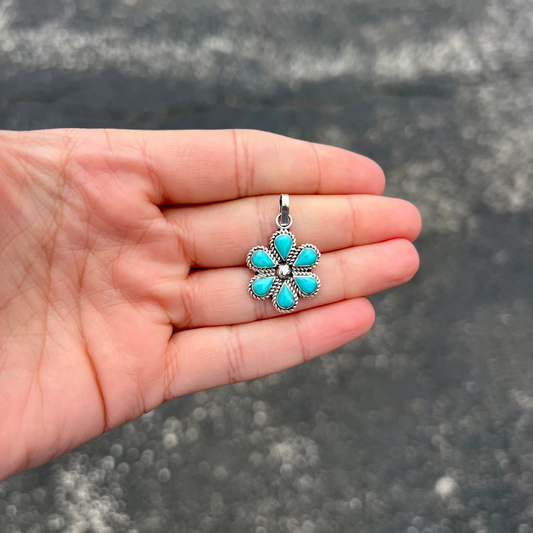 Genuine Turquoise Flower Child Sterling Silver Pendant