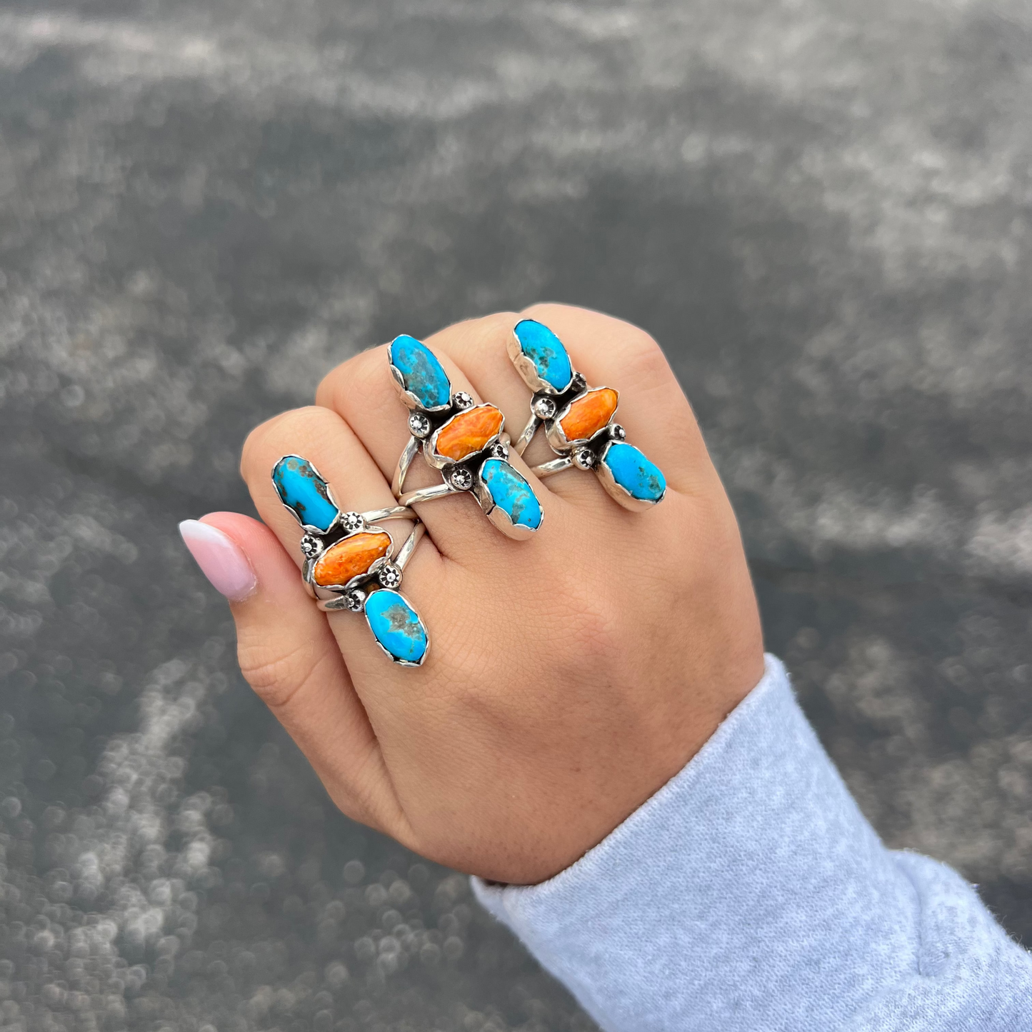 Genuine Turquoise & Spiny Oyster Sterling Silver 3 Stone Ring