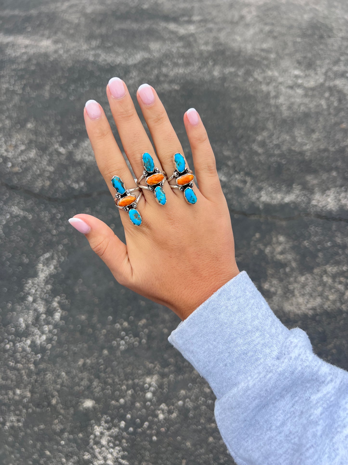 Genuine Turquoise & Spiny Oyster Sterling Silver 3 Stone Ring