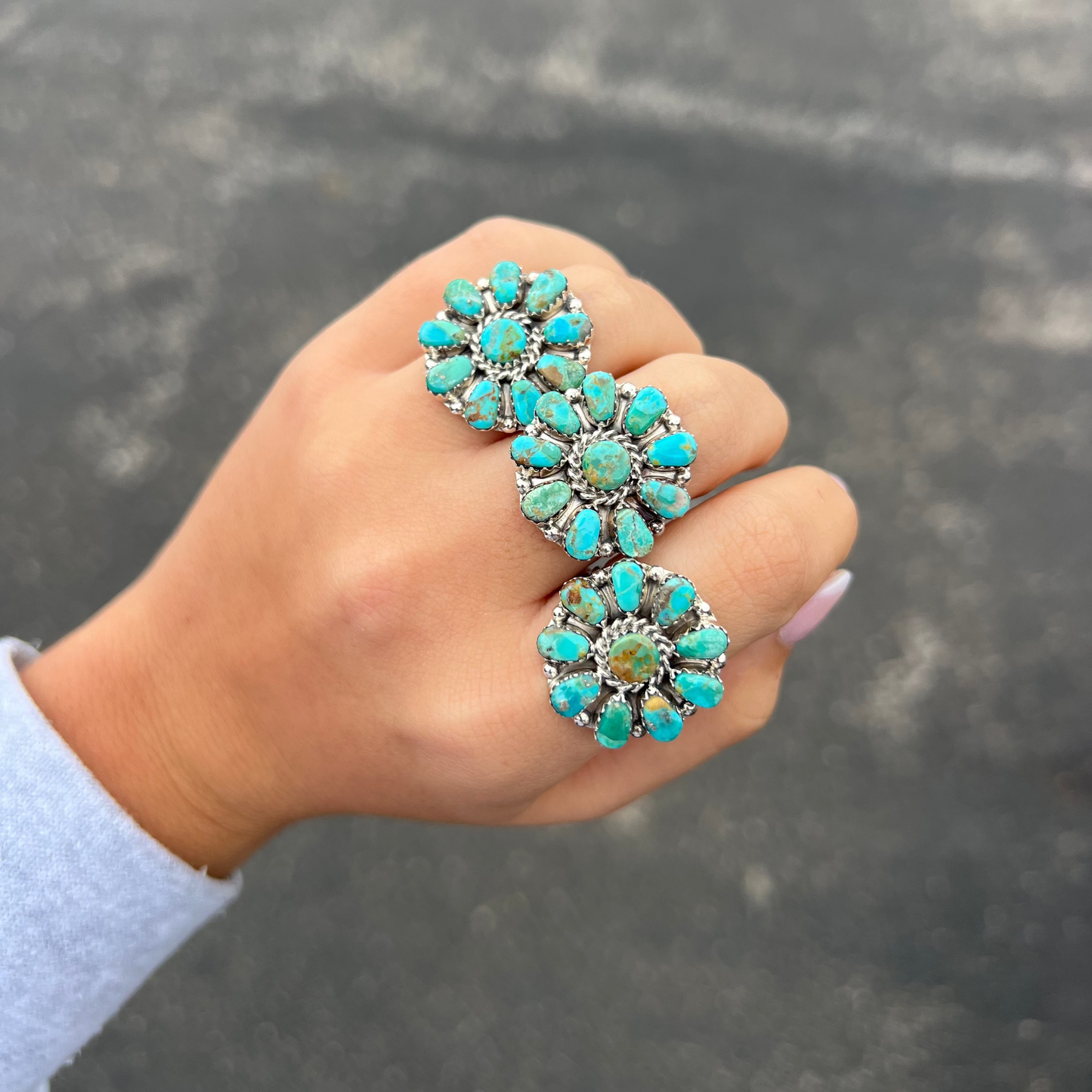 Genuine Green and Blue Turquoise 10 Stone Sterling Silver Cluster Ring