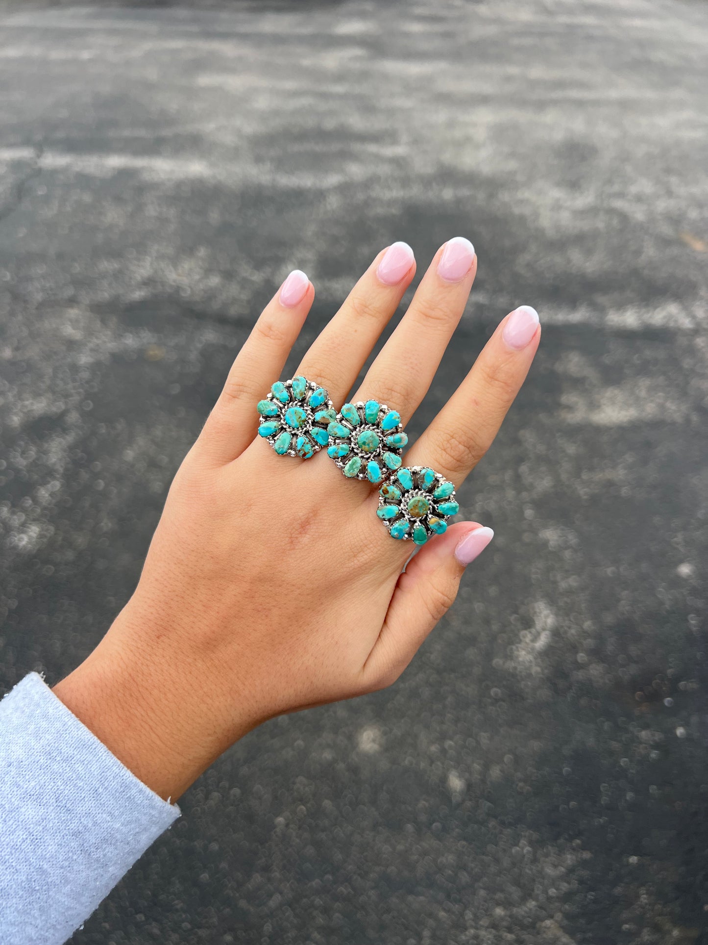 Genuine Green and Blue Turquoise 10 Stone Sterling Silver Cluster Ring