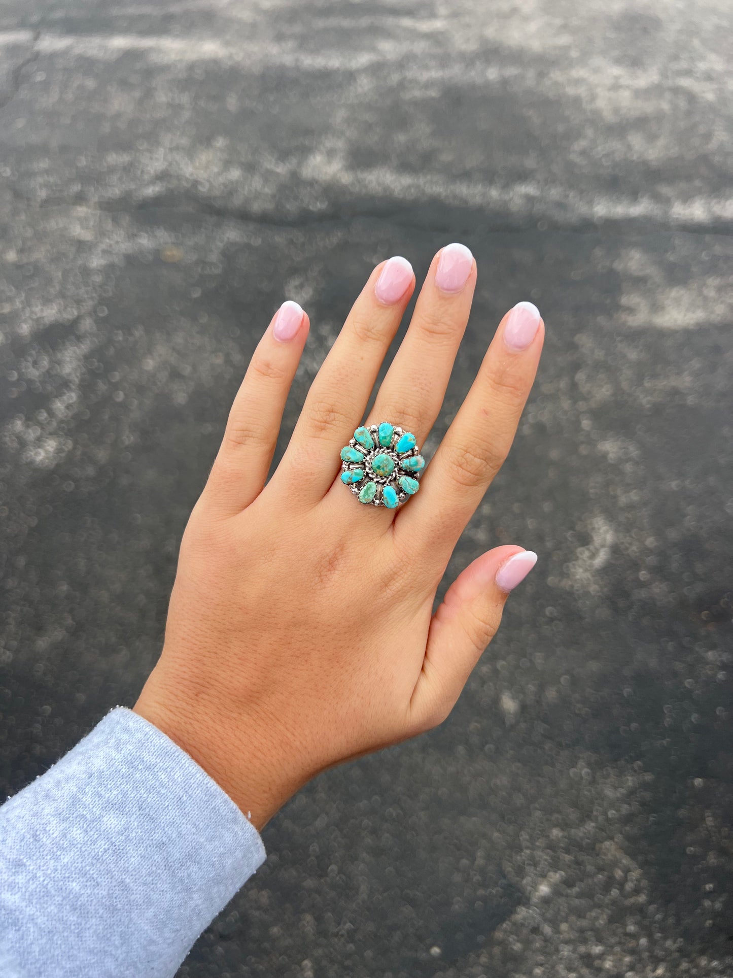 Genuine Green and Blue Turquoise 10 Stone Sterling Silver Cluster Ring