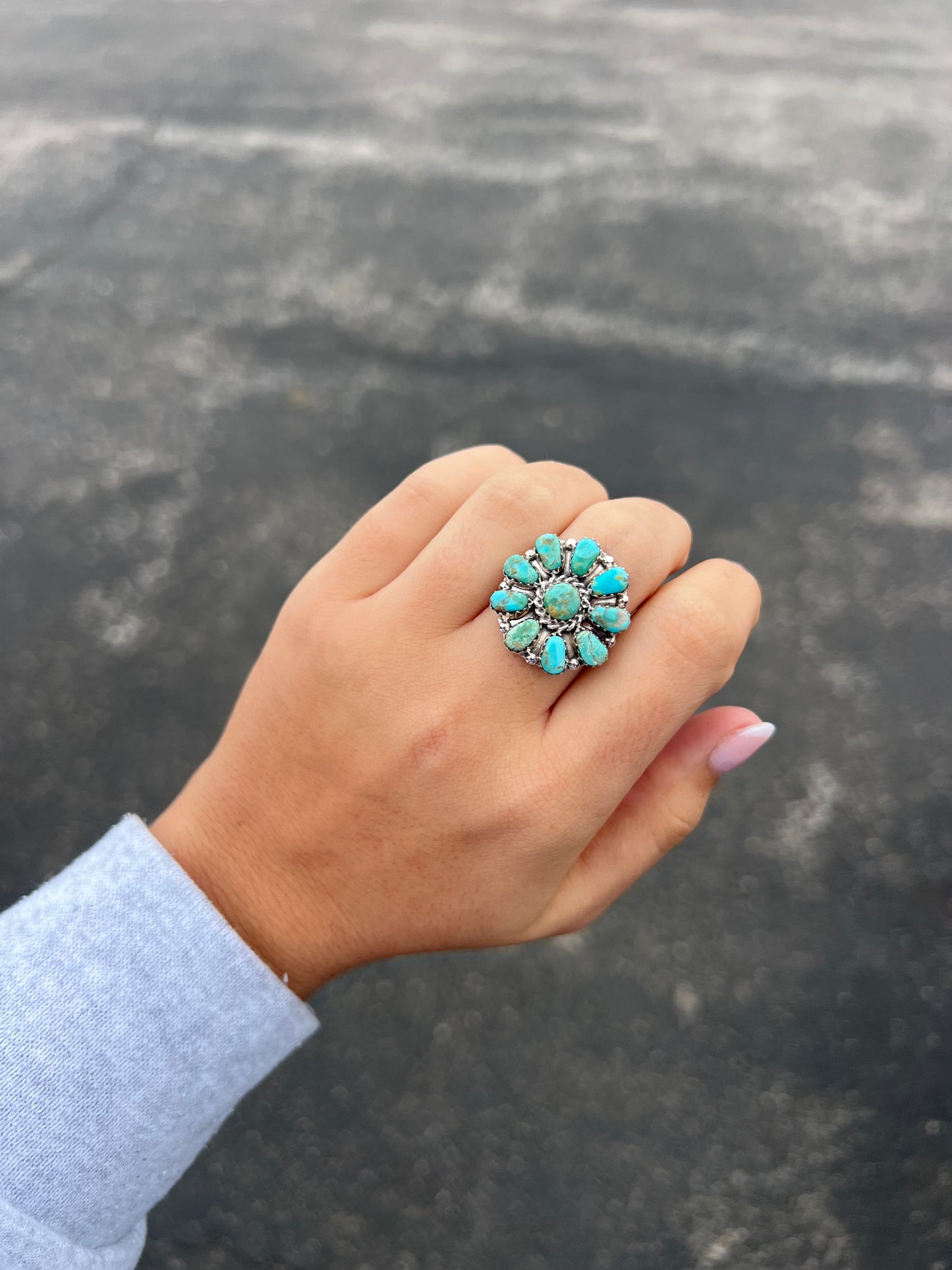 Genuine Green and Blue Turquoise 10 Stone Sterling Silver Cluster Ring