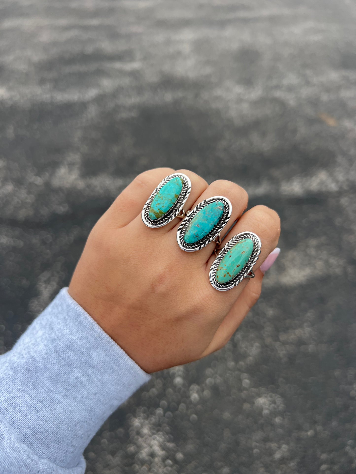 Oval Kingman Turquoise Ring with Stamped Border