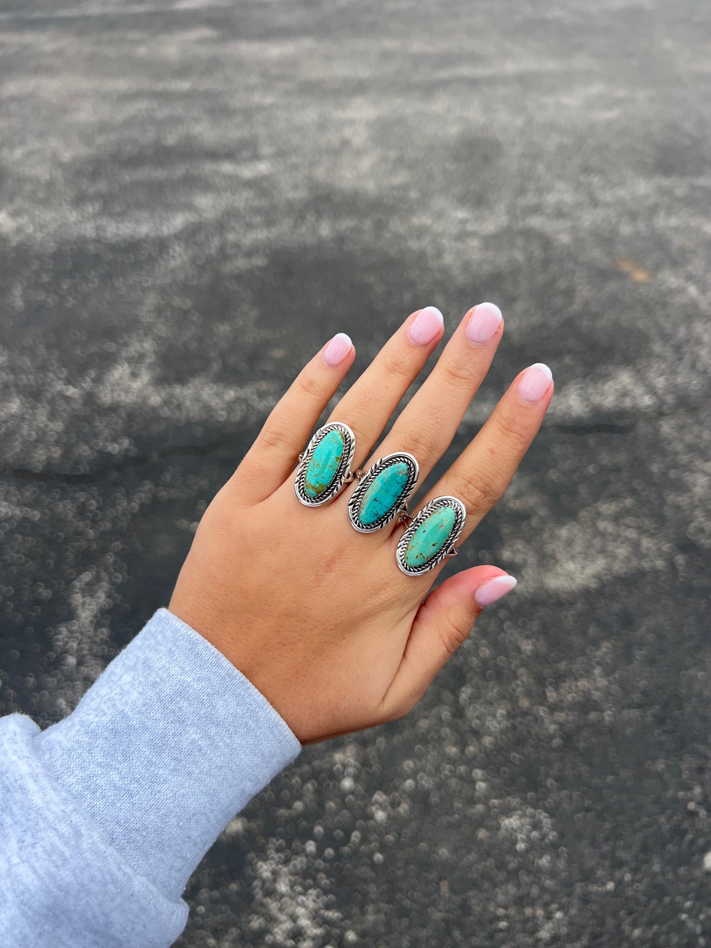 Oval Kingman Turquoise Ring with Stamped Border