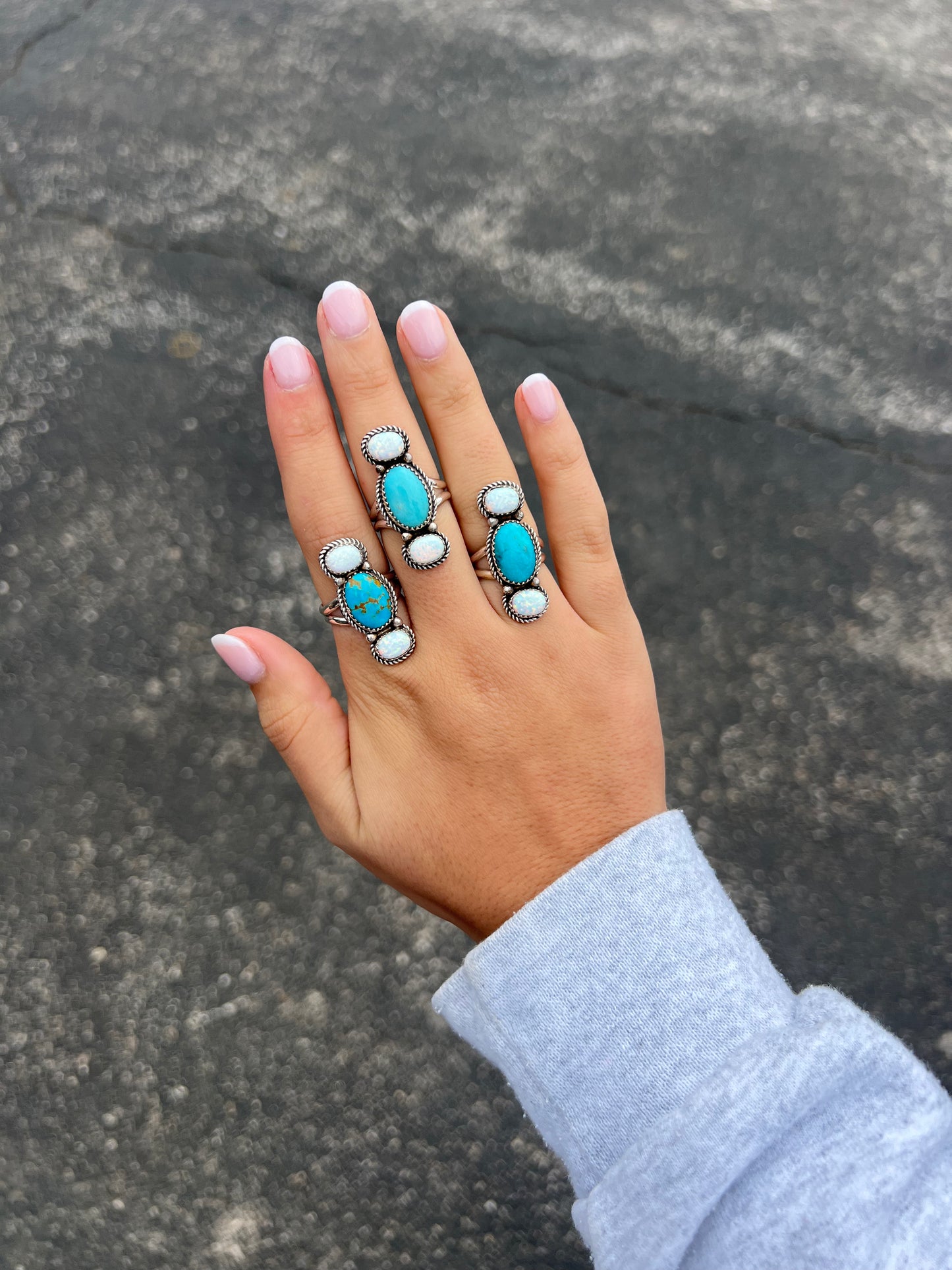Opal & Sonoran Turquoise 3 Stone Sterling Silver Ring