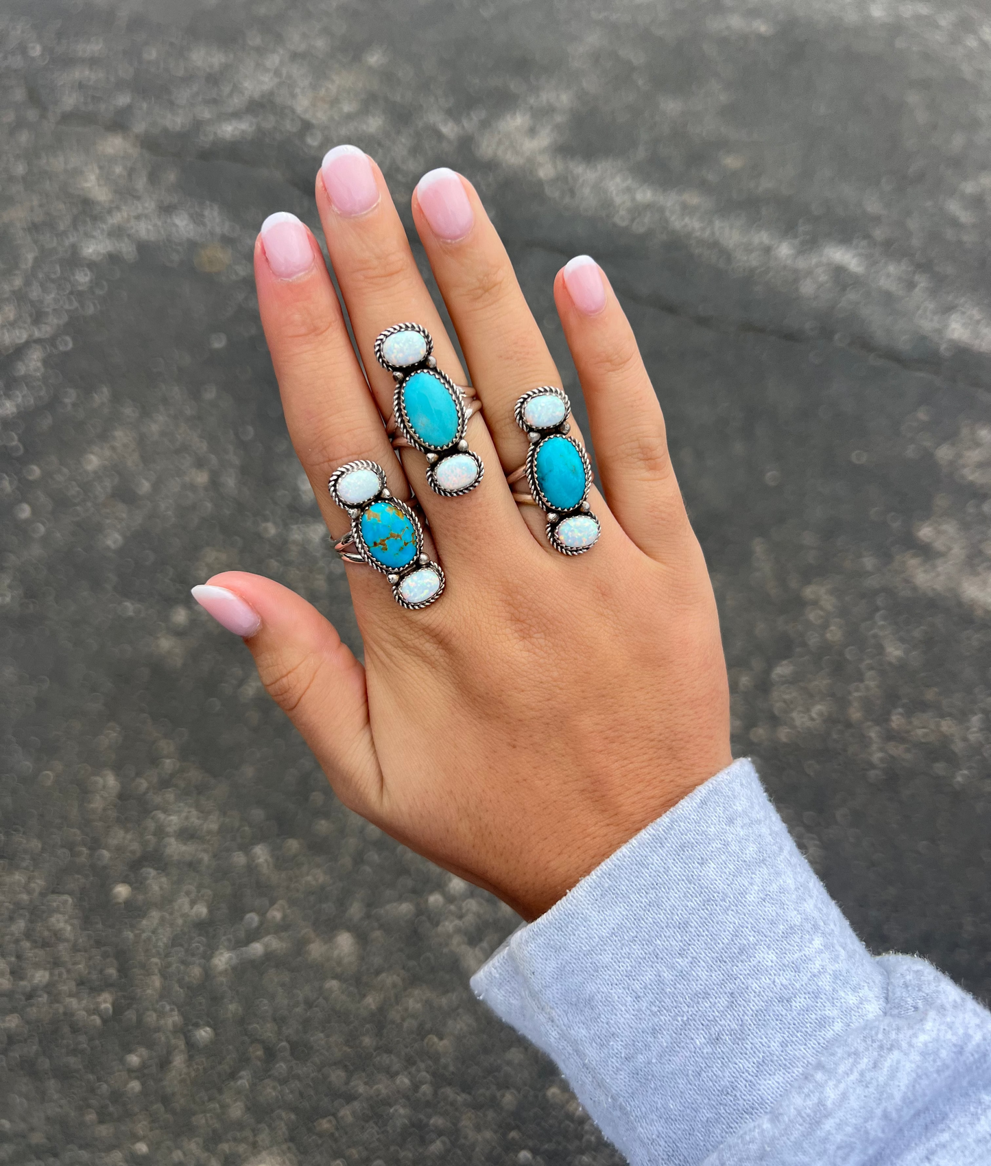 Opal & Sonoran Turquoise 3 Stone Sterling Silver Ring