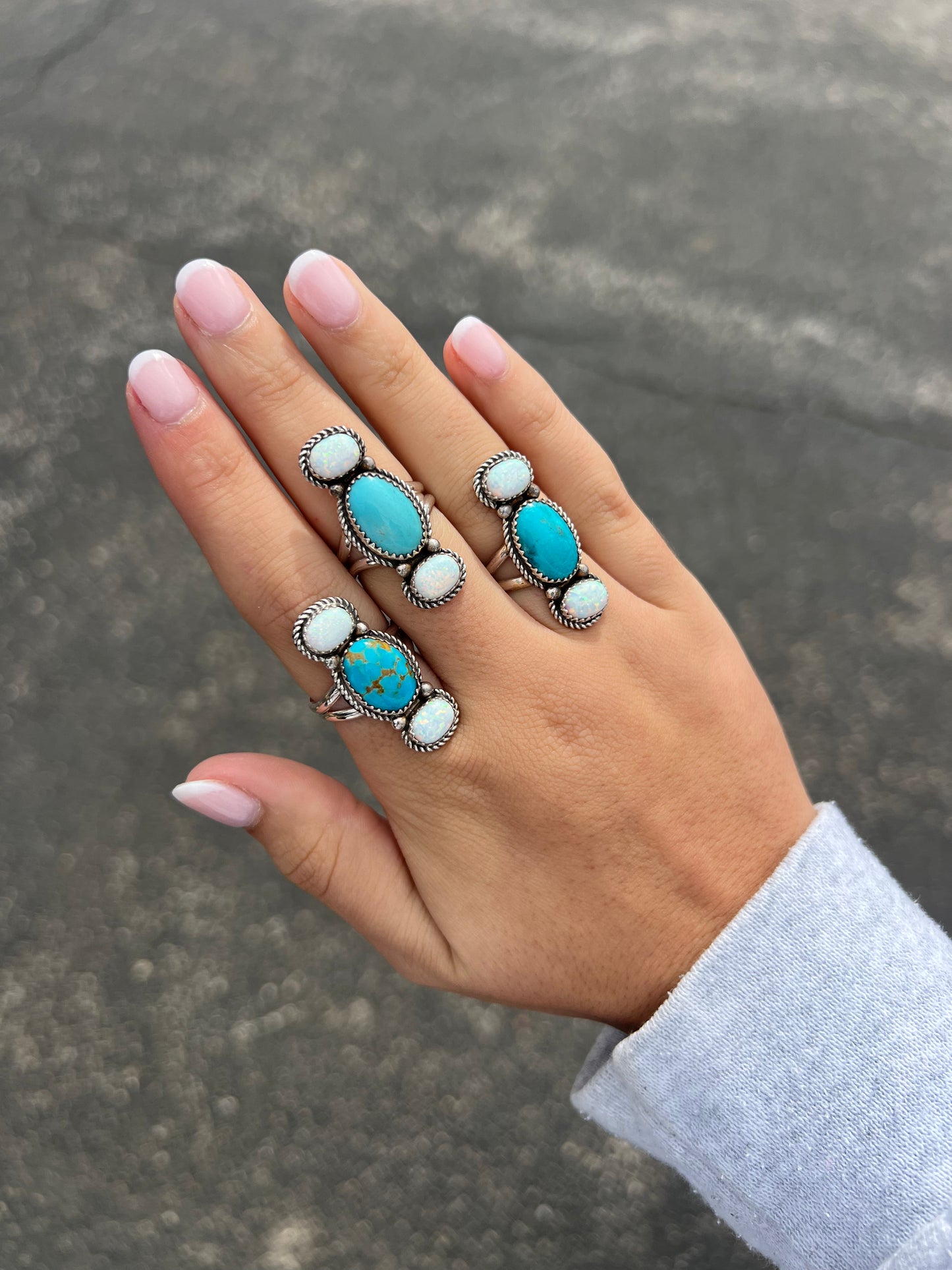 Opal & Sonoran Turquoise 3 Stone Sterling Silver Ring