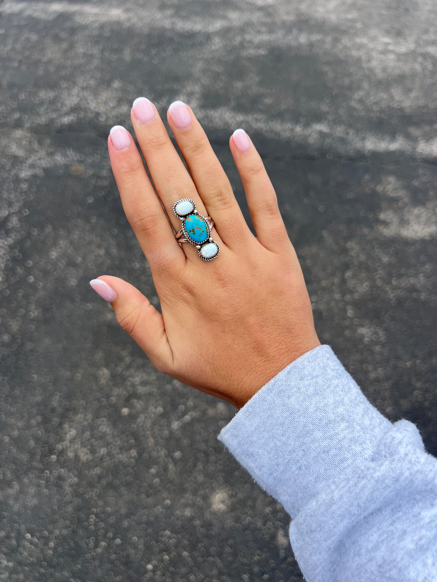 Opal & Sonoran Turquoise 3 Stone Sterling Silver Ring