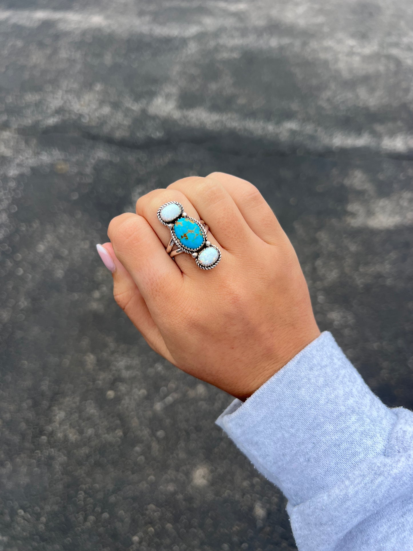 Opal & Sonoran Turquoise 3 Stone Sterling Silver Ring