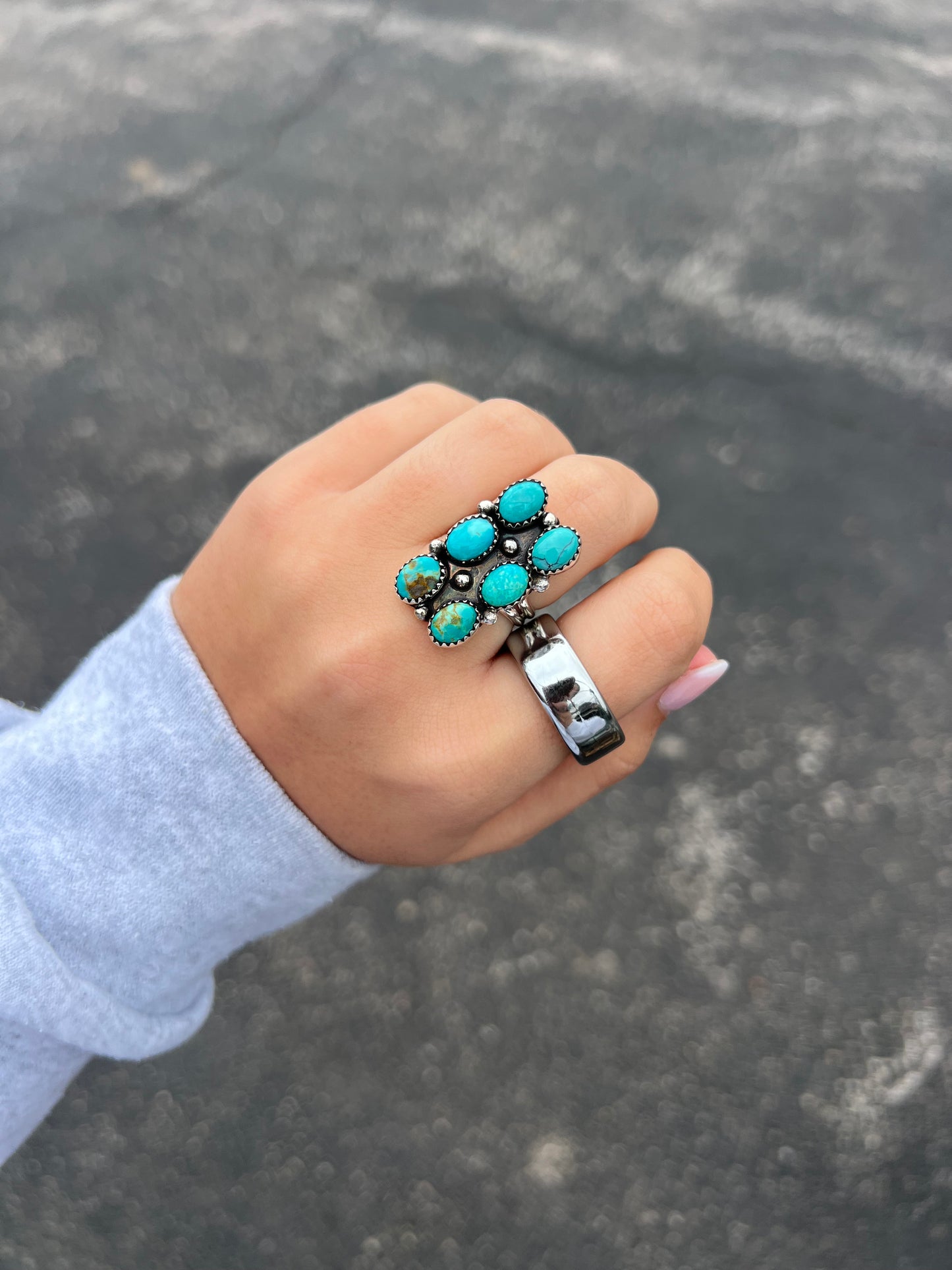Genuine Turquoise 6 Stone Sterling Silver Bar Ring