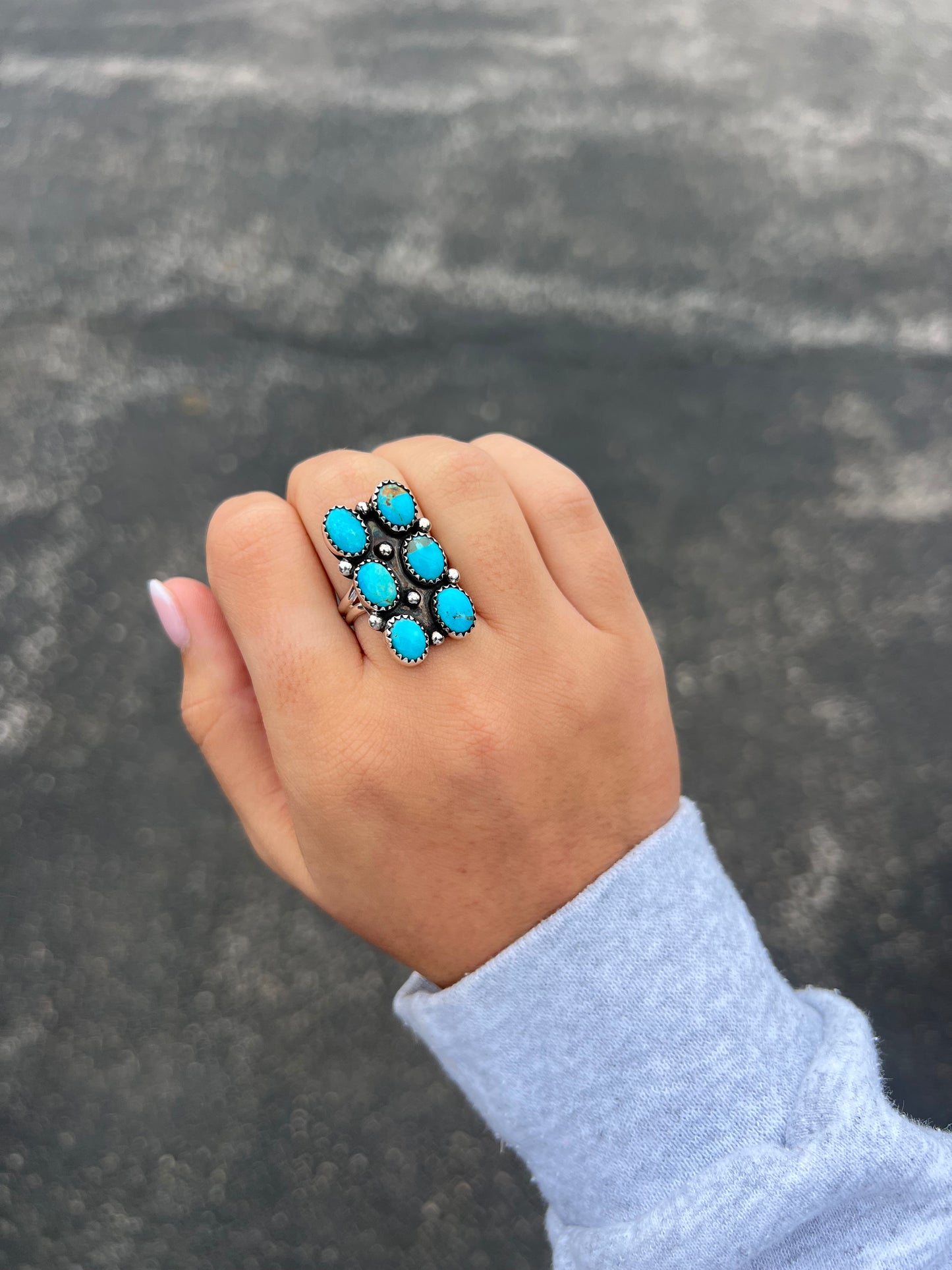 Genuine Turquoise 6 Stone Sterling Silver Bar Ring