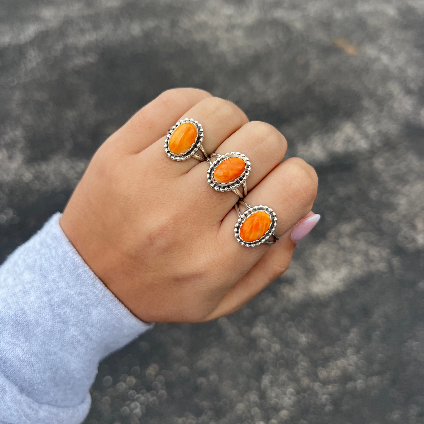 Beaded Oval Orange Spiny Oyster Sterling Silver Ring